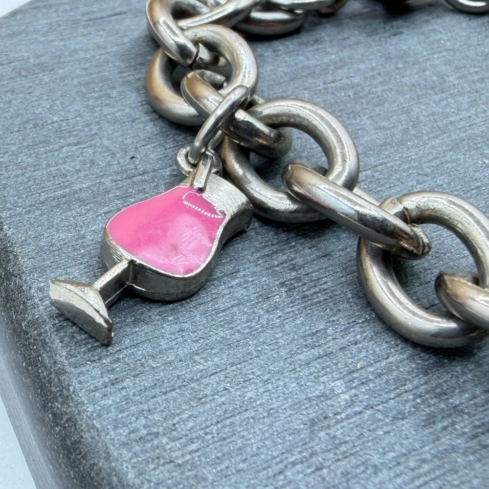 Silver Tone Chunky Chain Enamel Shoe Flower Wine Glass Charm Bracelet 7 Inch